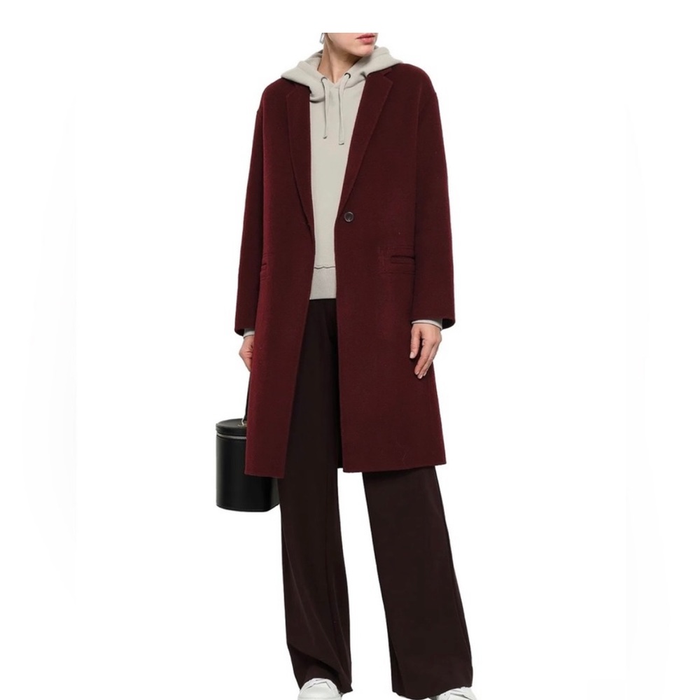 VINCE Oversized Wool Modern Coat Burgundy Long Overcoat in Color Spice. Size XS